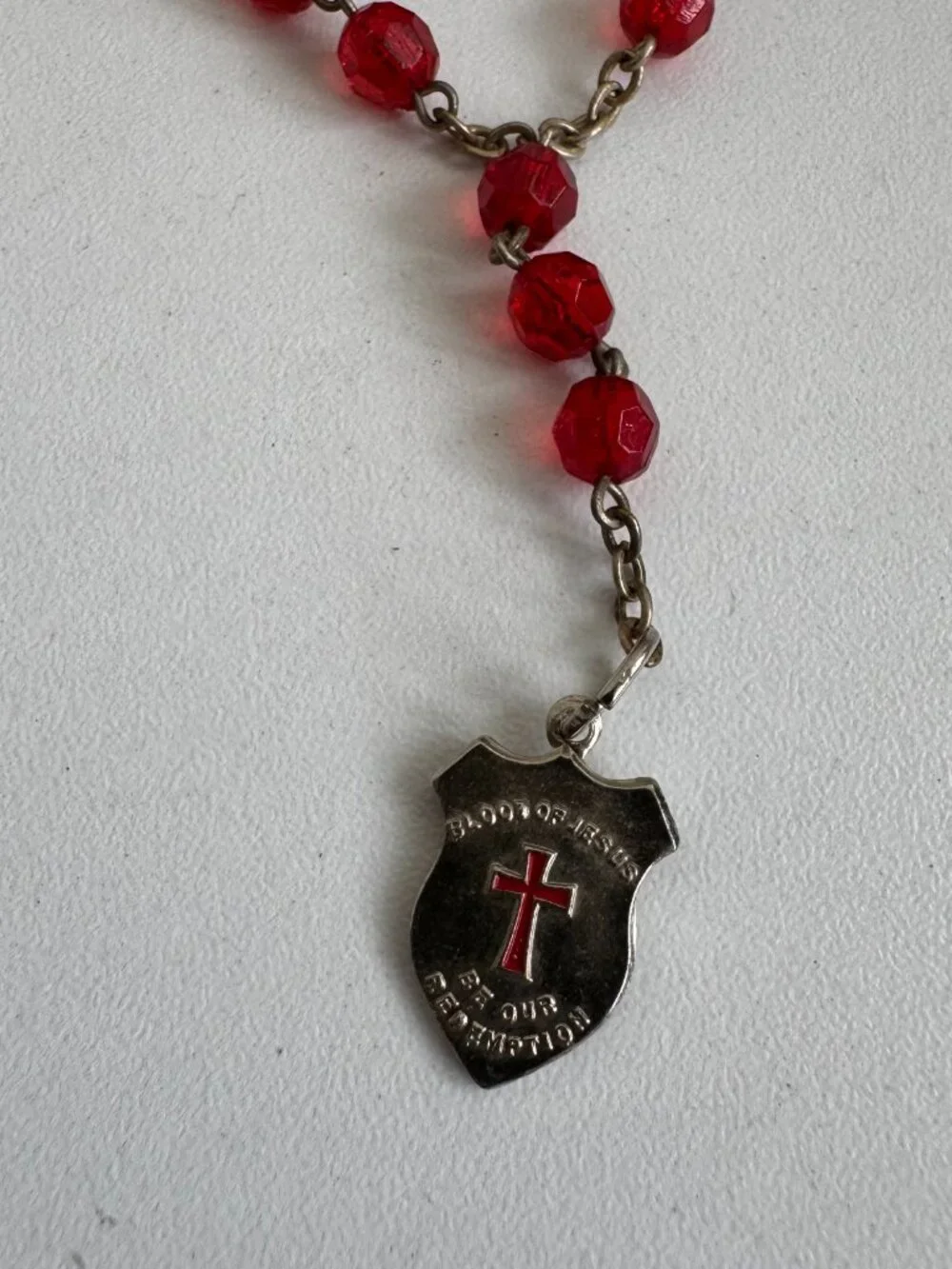 Vintage Red Glass Rosary Blood of Jesus Cross Medal Exodus 12:13 Prayer Beads